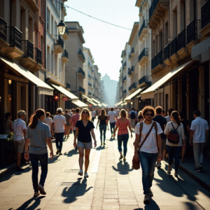 City street bustling with life; sunny day, people walking, talking, laughing; shallow depth of field. so many people